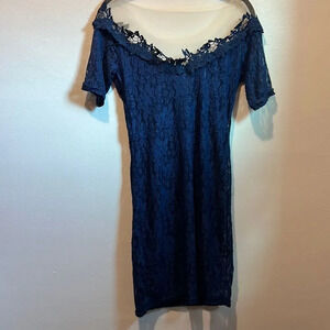 Sexy navy blue lace mini dress silky liner with nude mesh low back medium